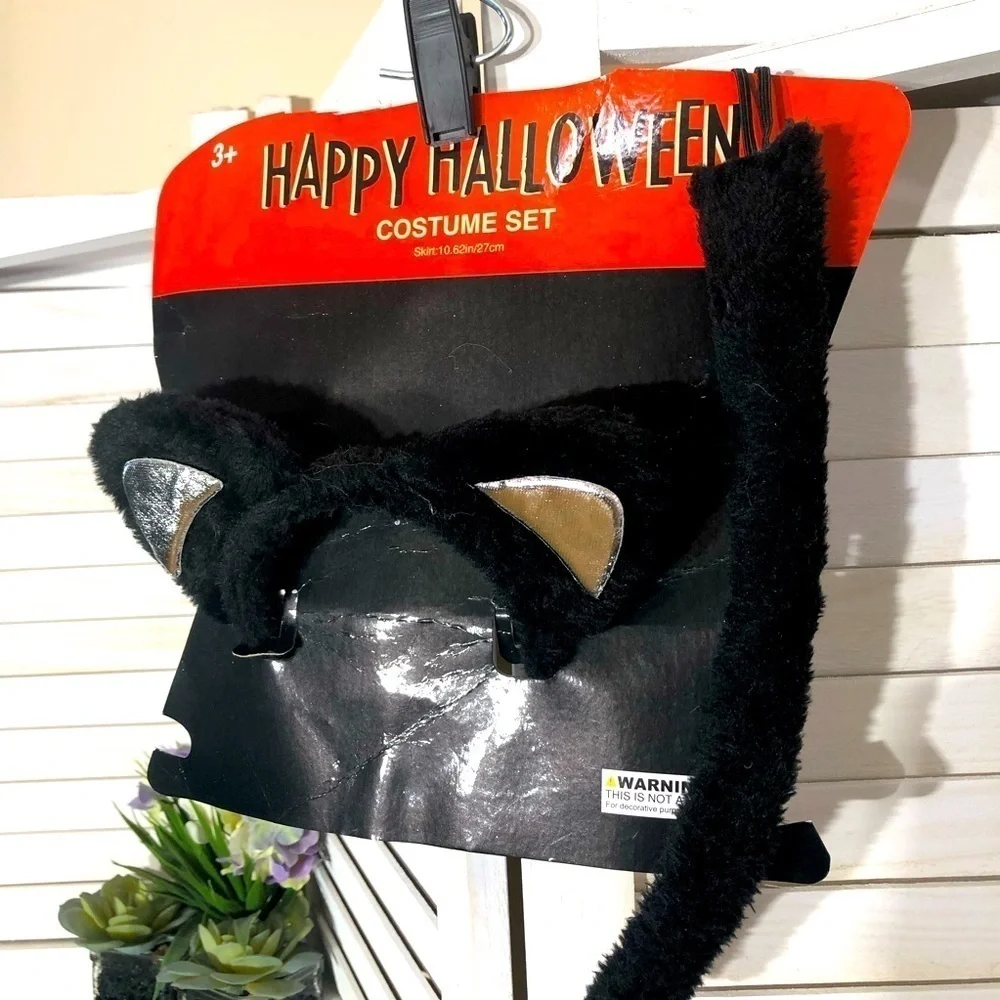 Black Cat Costume Set Ears and Tail Halloween One Size